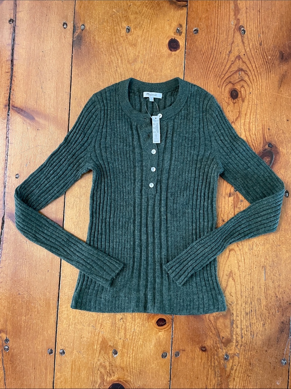 Madewell Alpaca Blend Forest Green Ribbed Henley Sweater, size XS.